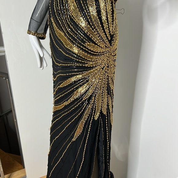 Nite Line Sz 10 Black Silk Gold Bugle Beaded Full Length Side Slit Dress Gown - Picture 10 of 16
